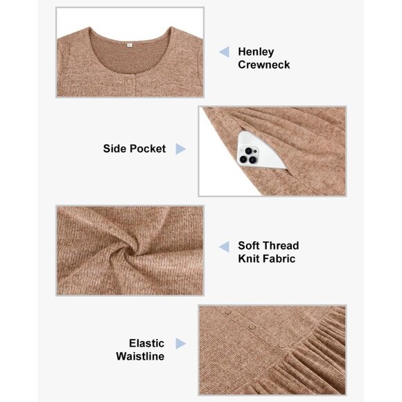 Plus Size Sweater Dress Long Sleeve Henley Crew Neck Knit with Pockets - Picture 5 of 5